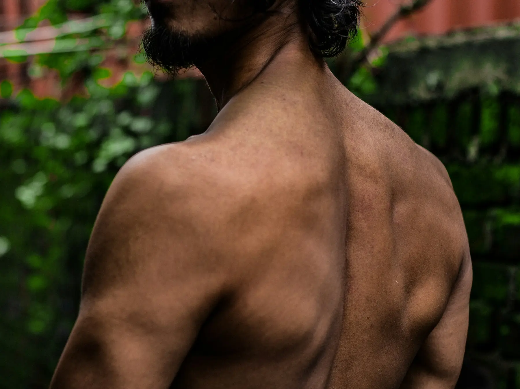 A back, lit so the muscle underneath it shows.